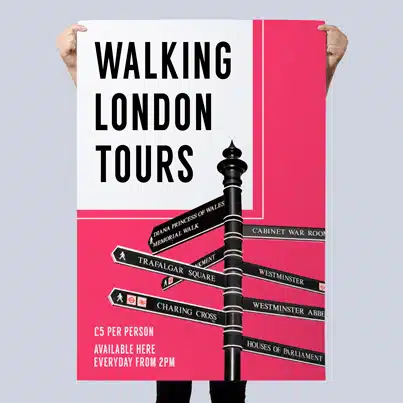 Walking London tours signpost with city landmarks and tour details in pink and black colours.