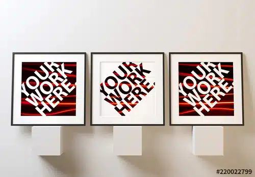 Bold motivational artwork with "Your Work Here" message in modern frames.