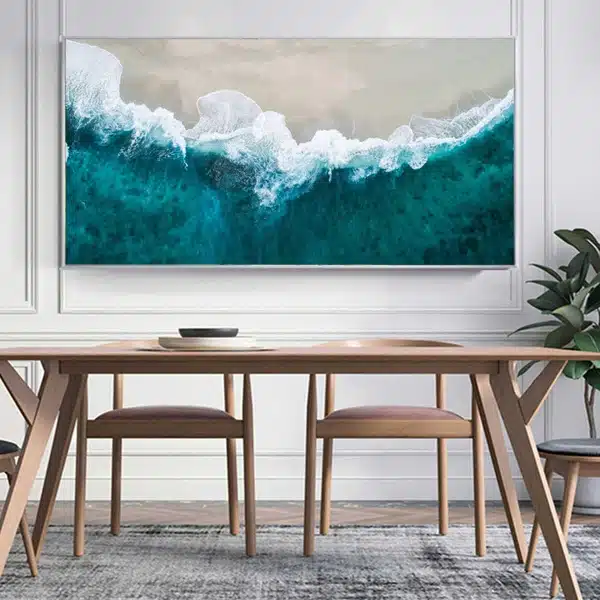 Vibrant ocean wave wall art for modern interior decor, enhancing living room style and ambiance.