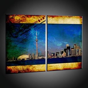 Vibrant Toronto skyline artwork featuring CN Tower, modern cityscape, colourful grunge background, wall decor digital print.