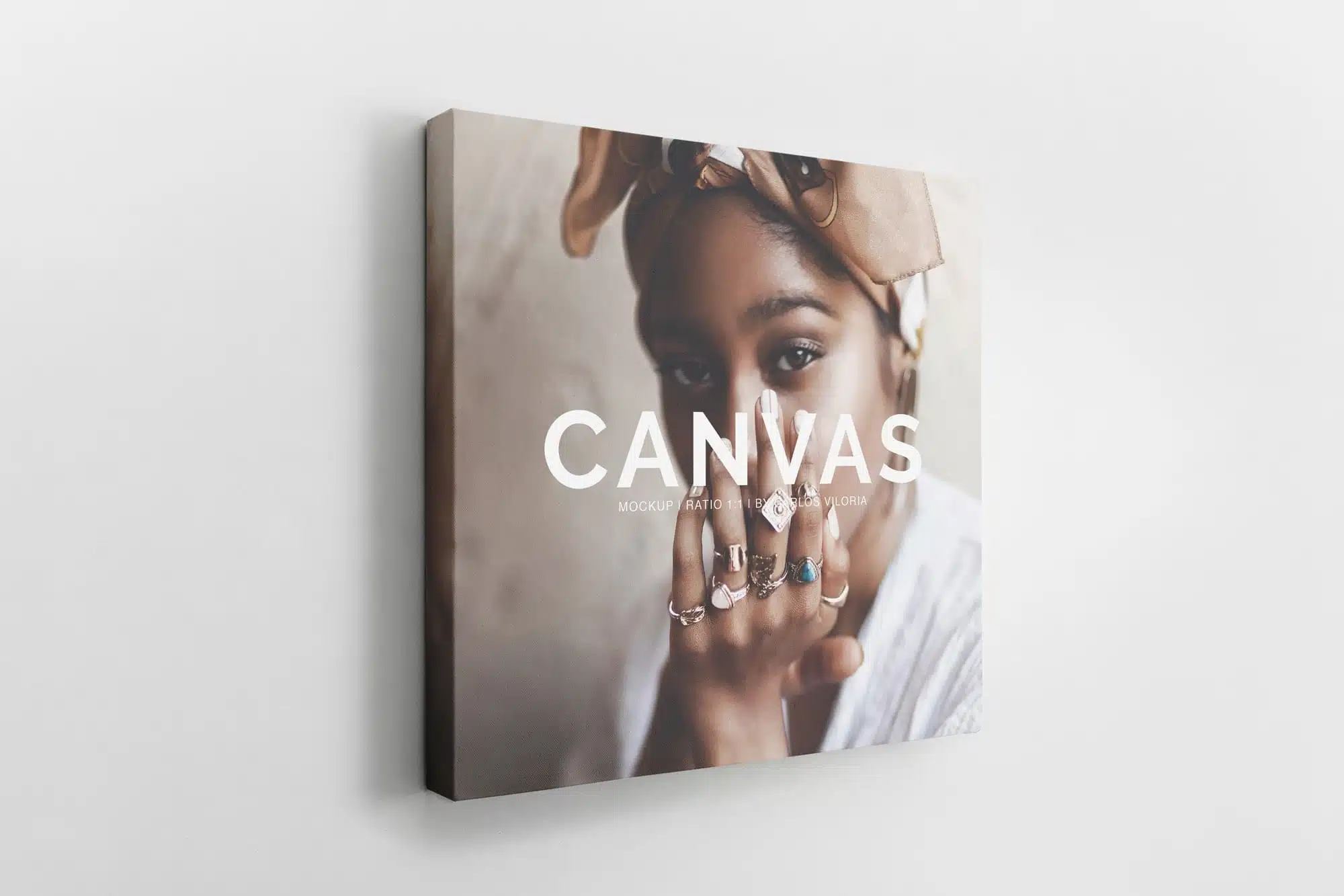 Stylish jewelry display canvas mockup with woman showcasing rings and rings, perfect for fashion and accessory brands.