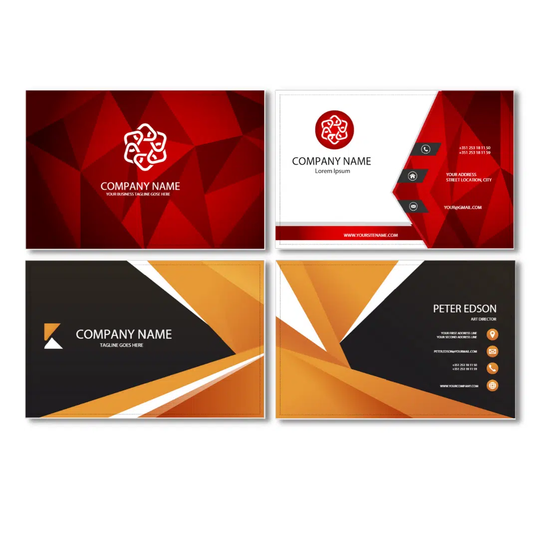 Modern corporate business card templates with abstract geometric design in red, black, orange, and white.