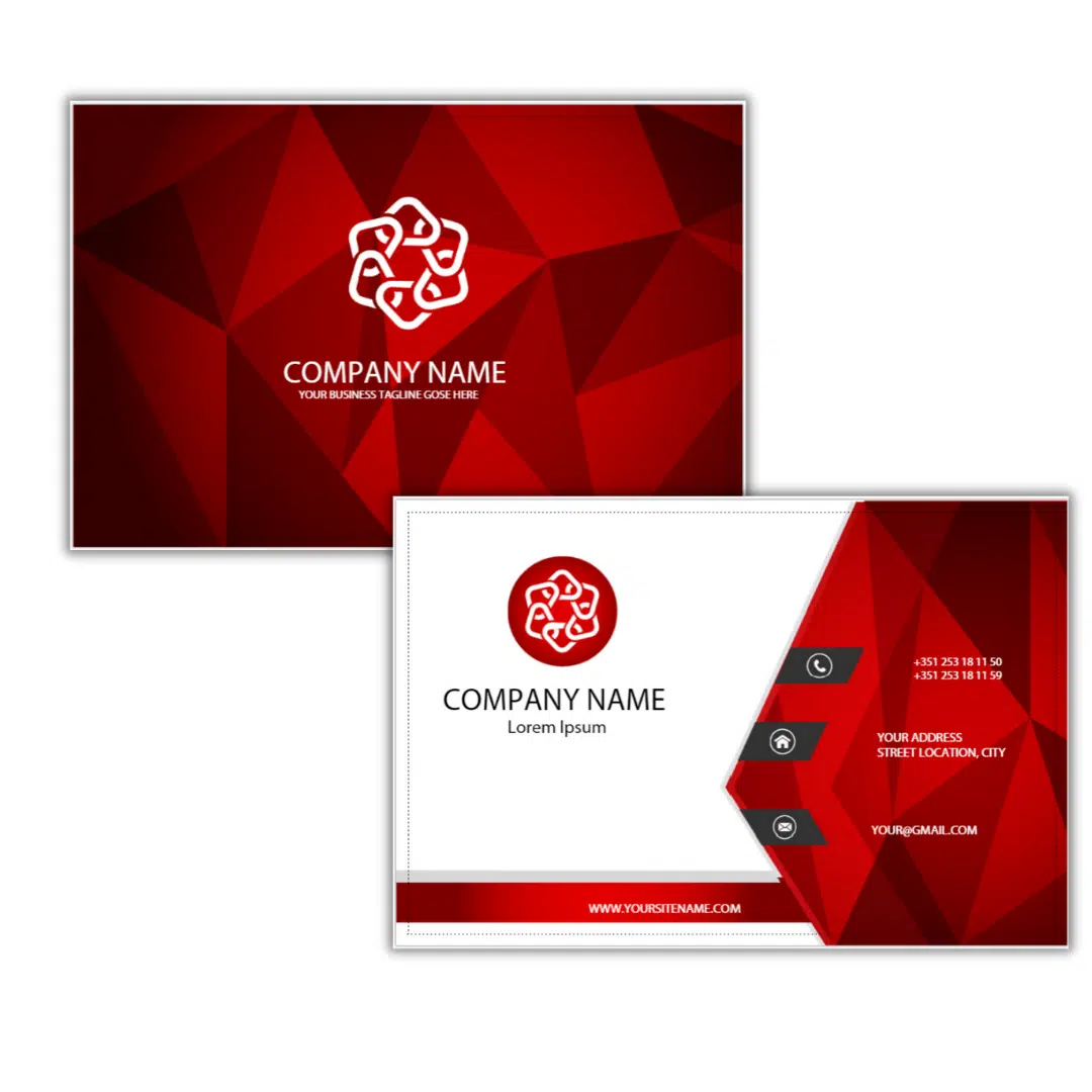 Recycling logo business card design with red geometric background.