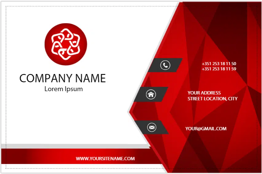 Red geometric business card template with contact icons and placeholder text for opti keywords.