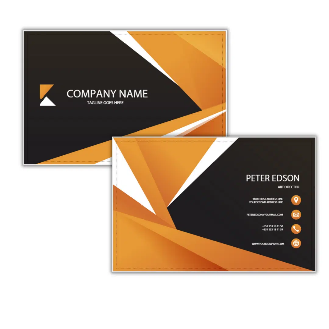 Modern corporate business card template with geometric design in black and orange.