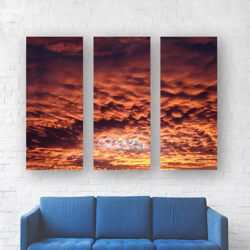 Vibrant sunset sky triptych wall art, stunning colours, modern home decor, sunset landscape painting, living room artwork.