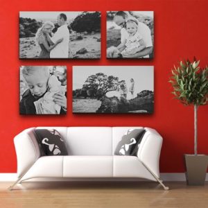 Black and white family photo canvas prints on red wall with modern white sofa and potted plant, home decor, wall art.