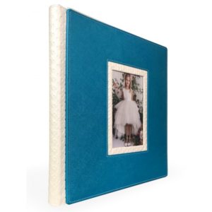 Elegant photo album with blue and white cover, perfect for special memories.