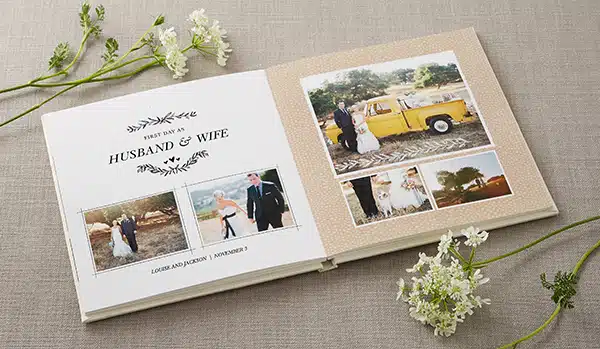 Vintage wedding photo album with bride and groom, personalised wedding memories, elegant photo scrapbook for special moments.