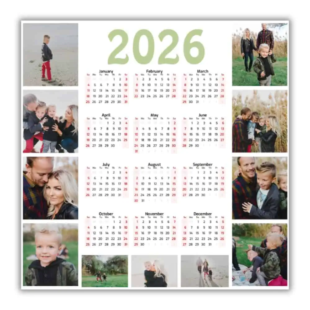 Family outdoor moments 2026 calendar with seasonal photos, ideal for personalised wall décor and family organisation.