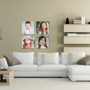 High-quality modern living room with decorative photo wall and minimalist shelving, perfect for stylish home decor.