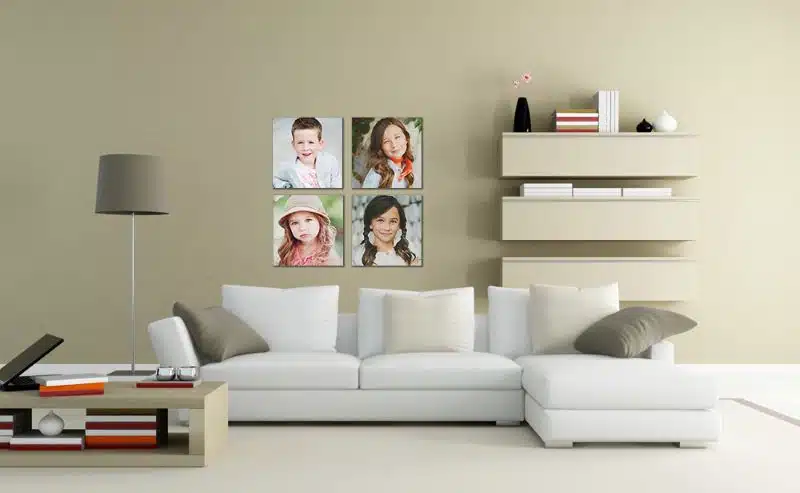 High-quality modern living room with decorative photo wall and minimalist shelving, perfect for stylish home decor.