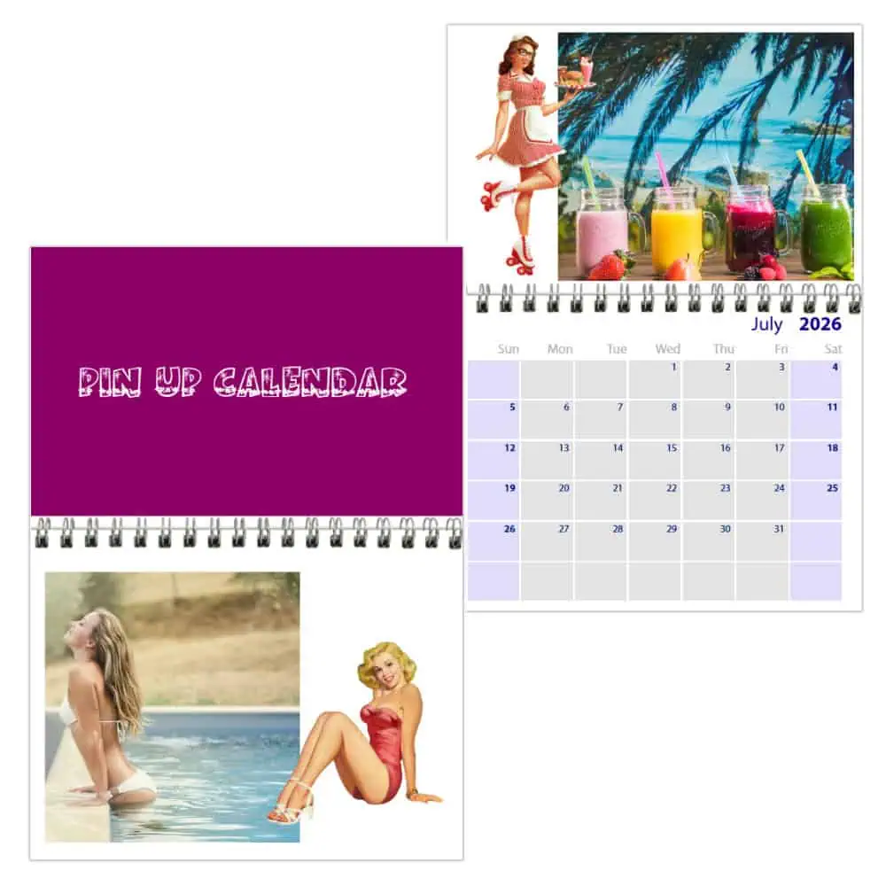 Bright summer pin-up calendar featuring colourful smoothies and vintage-style pin-up models, perfect for tropical-themed decor.
