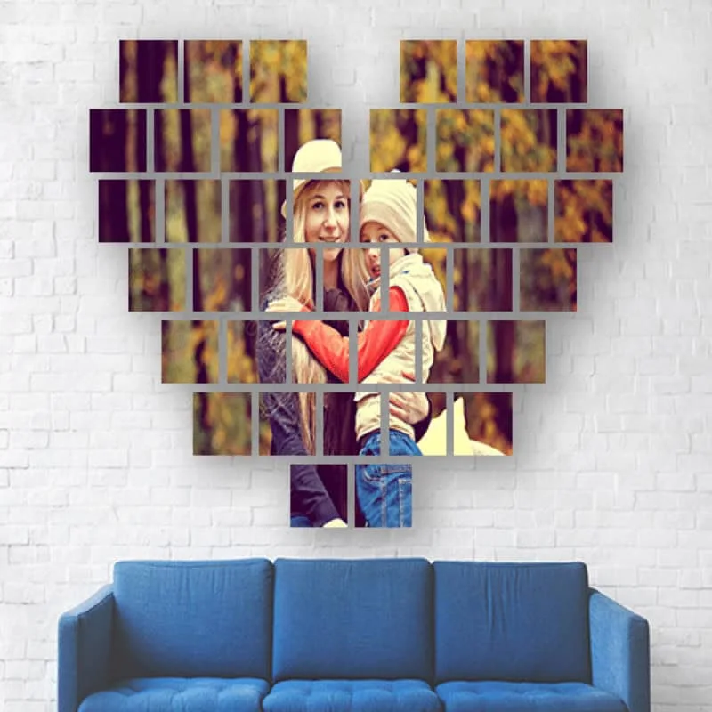 Happy mother and child in autumn forest, framed as an artistic photo mosaic for wall decor.