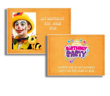 Clown and bee birthday party invitation with colourful design and playful theme.