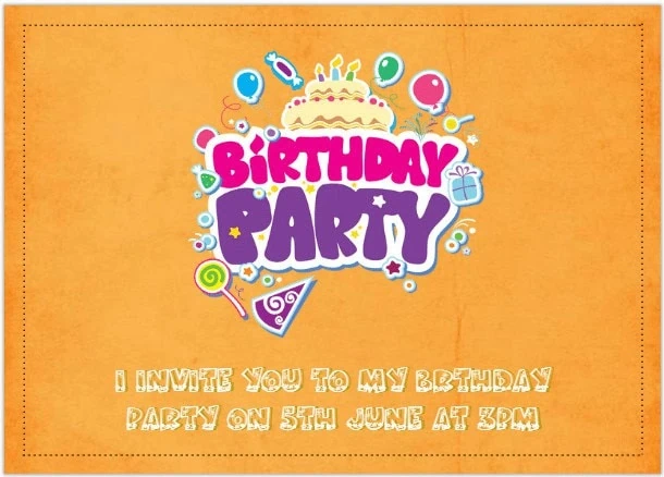 Bright birthday party invitation with colourful balloons and cake design, perfect for celebrating special occasions.