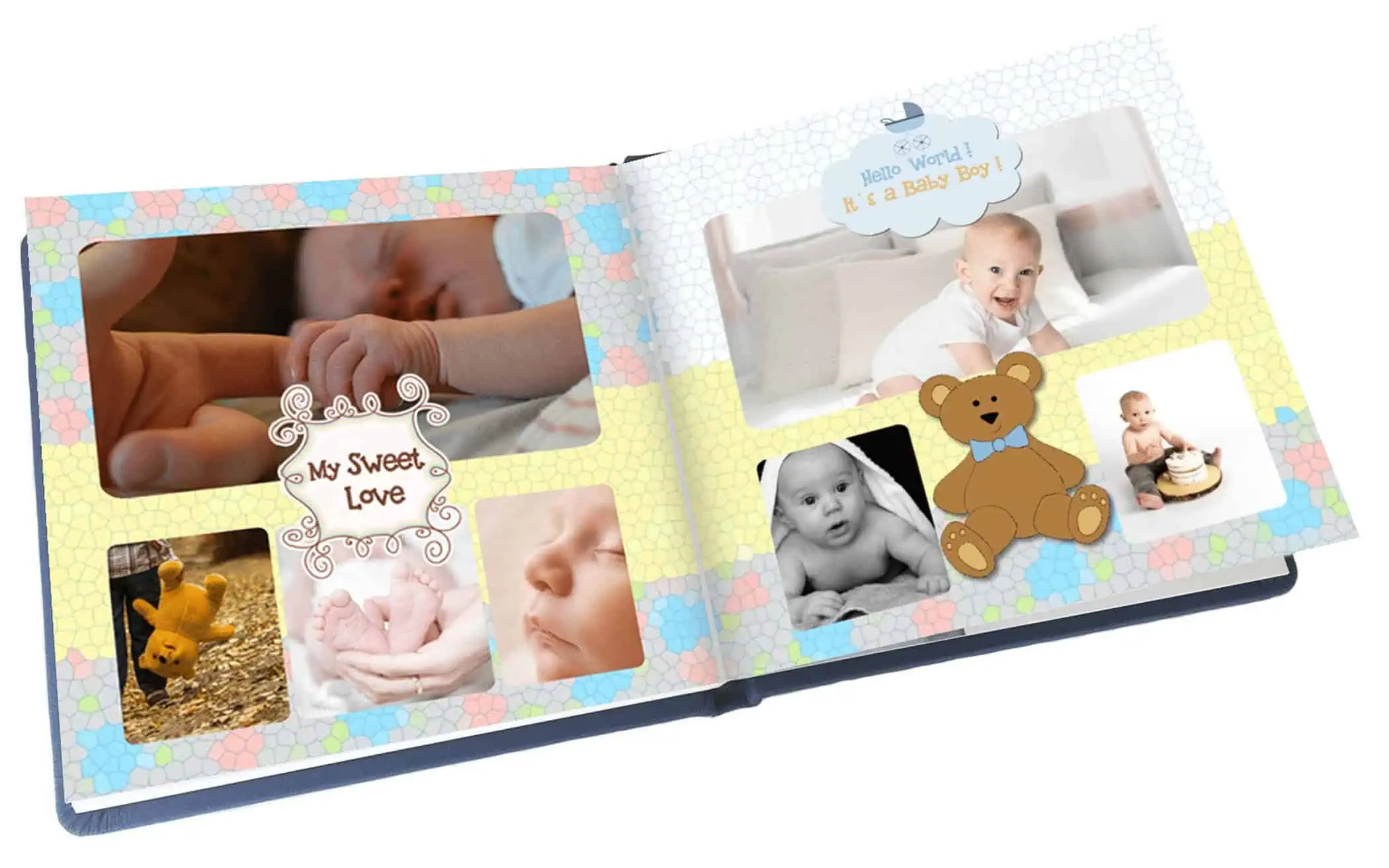 Adorable baby photos with teddy bear, newborn baby, and family moments for baby album.