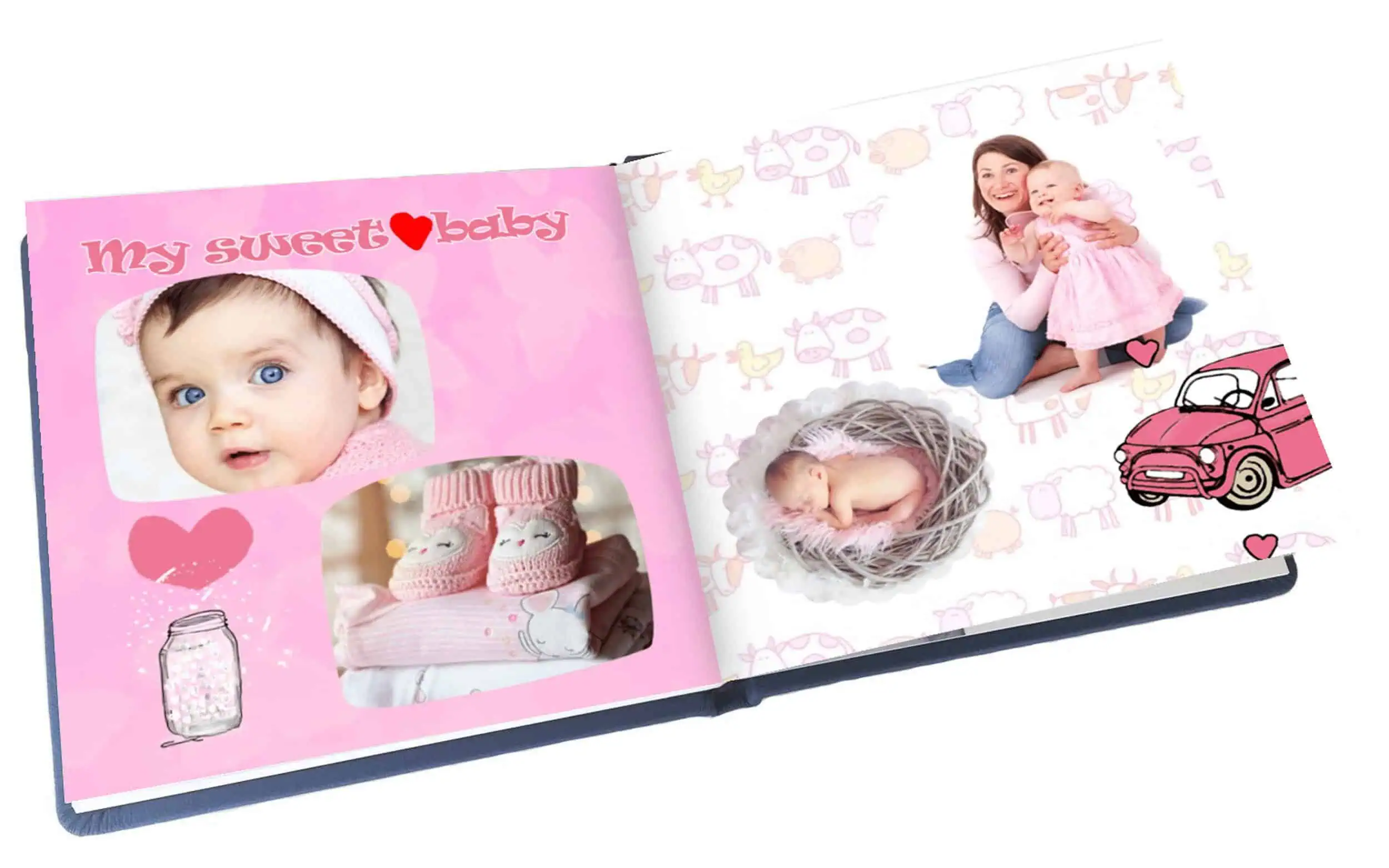 Bright colour baby photo album with pink and white themed decorations, ideal for baby’s first memories.