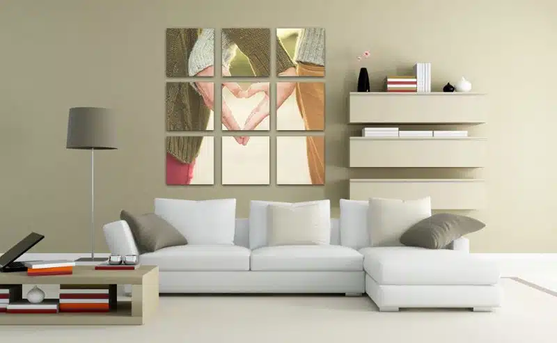 Heart-shaped hands art wall decor, modern living room interior, minimalist design, stylish wall art.