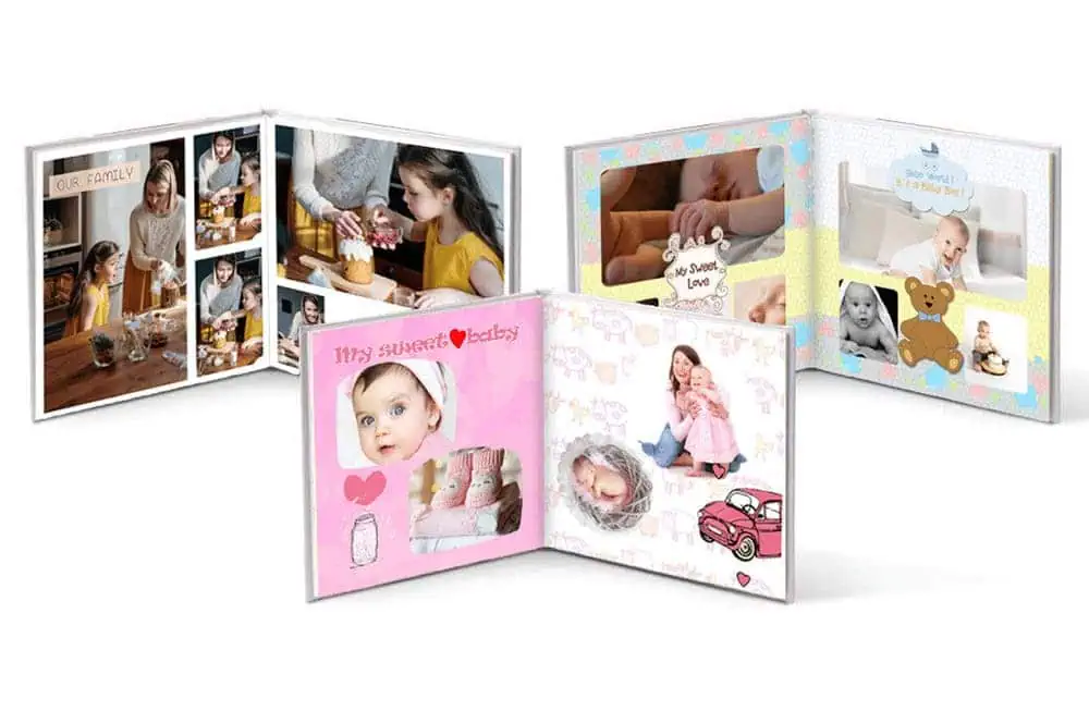 Photo collage of personalised baby and family photo albums with custom designs and baby-themed decorations.