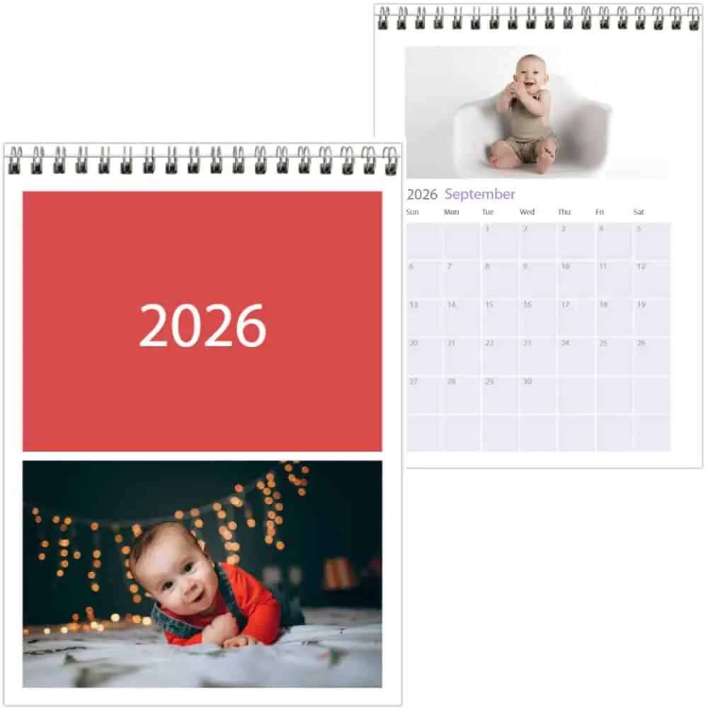 Cute baby sitting on a modern armchair with a joyful expression, part of a 2026 calendar design.