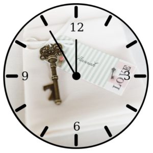 Old-fashioned key and love letter on clock face, romantic wedding theme, vintage style, wedding accessories, anniversary gift, event decor.