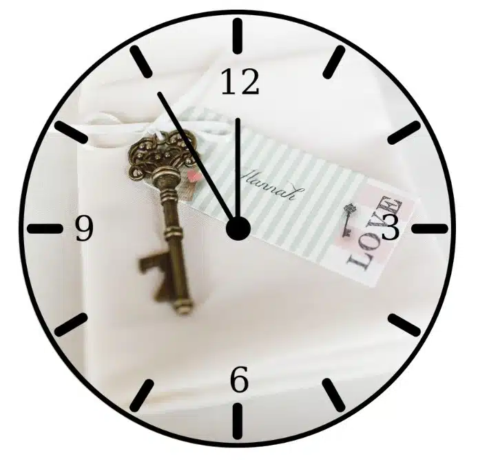 Old-fashioned key and love letter on clock face, romantic wedding theme, vintage style, wedding accessories, anniversary gift, event decor.