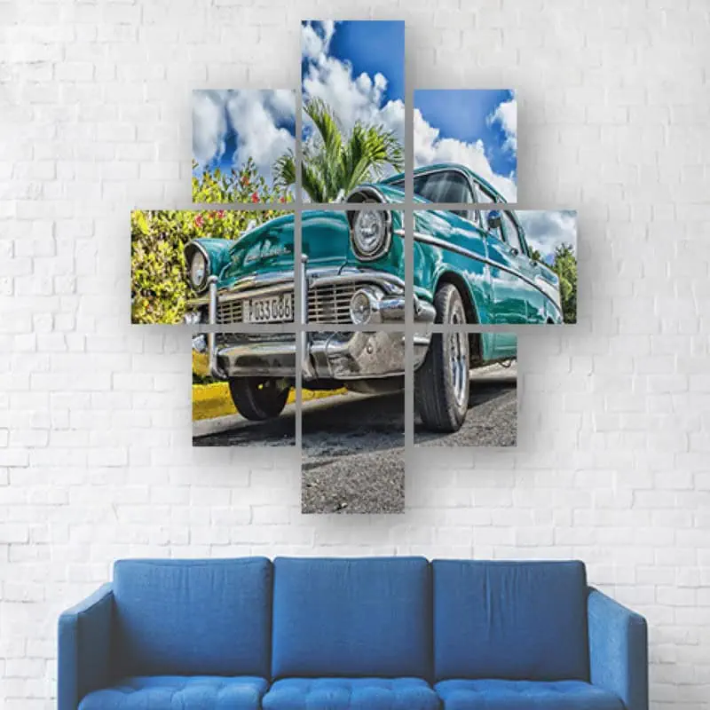 Vintage turquoise car wall art, retro street scene, tropical palm trees – colourful home decor.