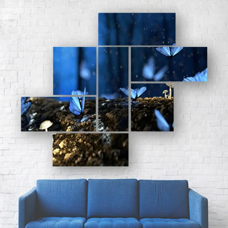 Blue butterfly wall art, nature-inspired decor, modern multi-panel canvas for living room.