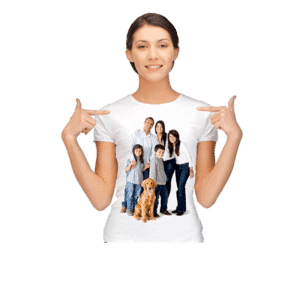 Happy family in casual clothes pointing to t-shirt with family print, smiling, grey background.