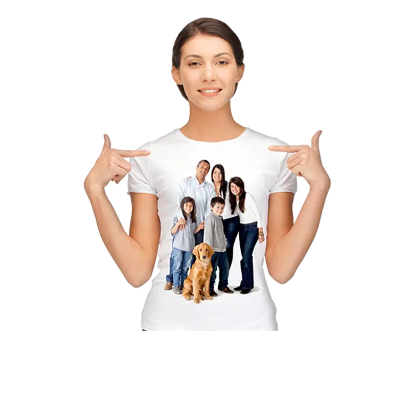 Happy family in casual clothes pointing to t-shirt with family print, smiling, grey background.