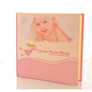 Baby photo engraved book cover with fairy illustration and personalised name for christening or baptism.