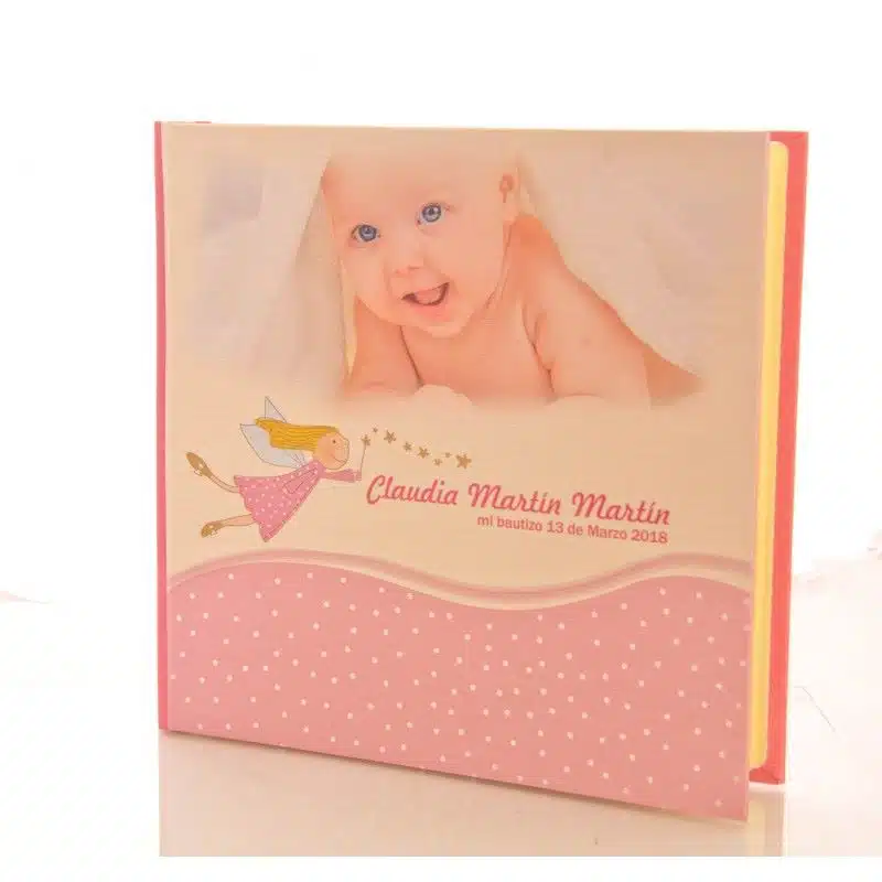 Baby photo engraved book cover with fairy illustration and personalised name for christening or baptism.