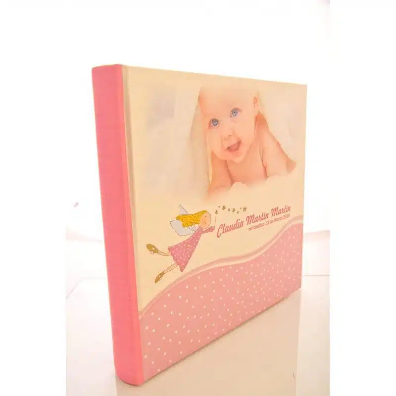 Bright personalised baby photo album with pink and unicorn design, ideal for special memories.