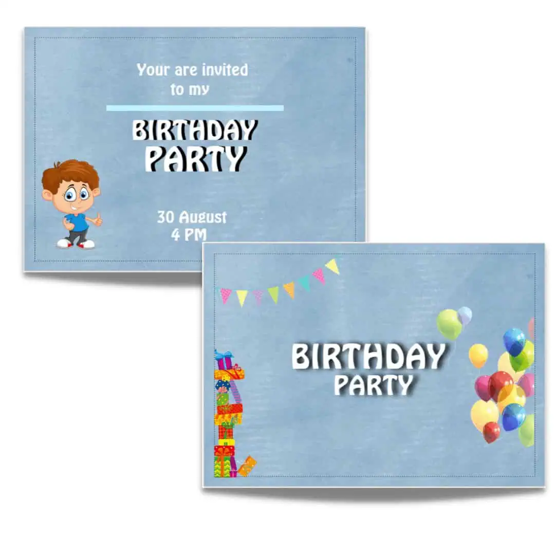 Colourful birthday party invitation with balloons, presents, and cheerful design, perfect for children’s celebration.