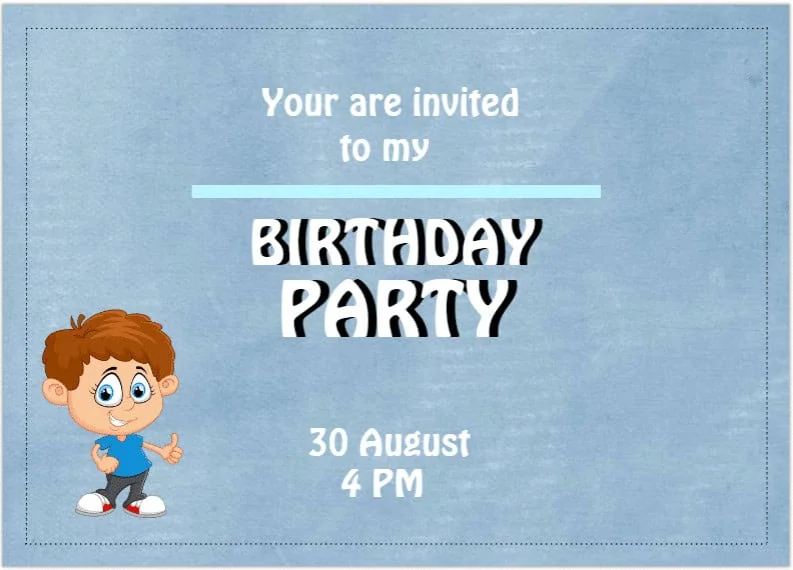 Invite to kid's birthday party with colourful cartoon design, fun text, and party details.
