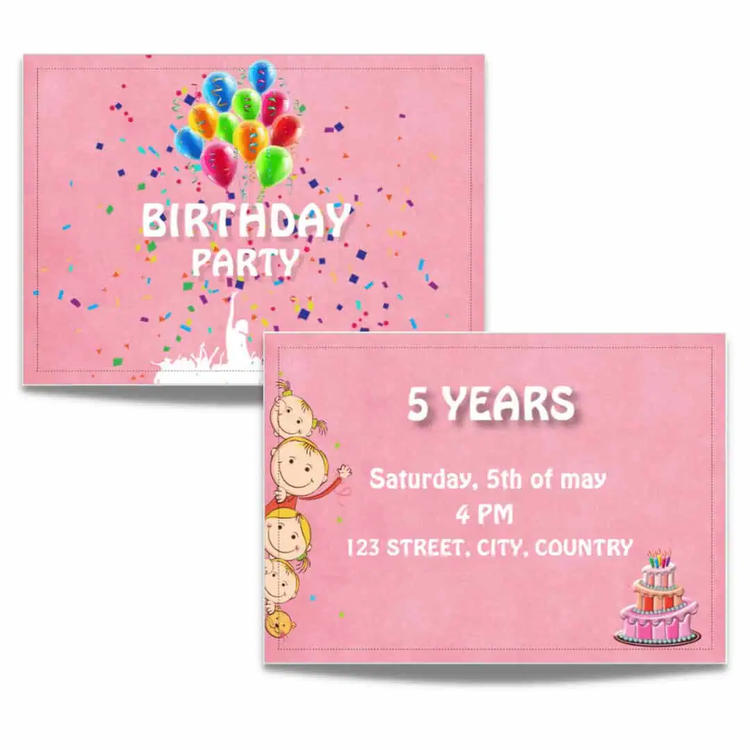 Colourful birthday party invitation with balloons and confetti, suitable for children's celebrations.