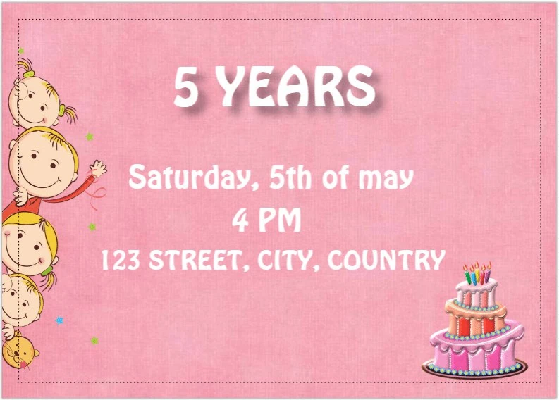 Colourful girls birthday party invitation with cake and balloons, perfect for children's celebration.