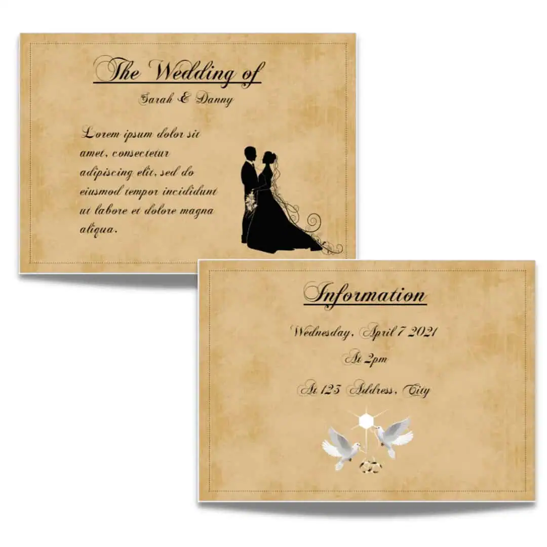 Elegant wedding invitation cards with vintage beige background and silhouette design.
