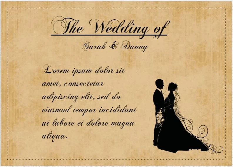 Elegant wedding invitation featuring a silhouette of a bride and groom with vintage parchment background.