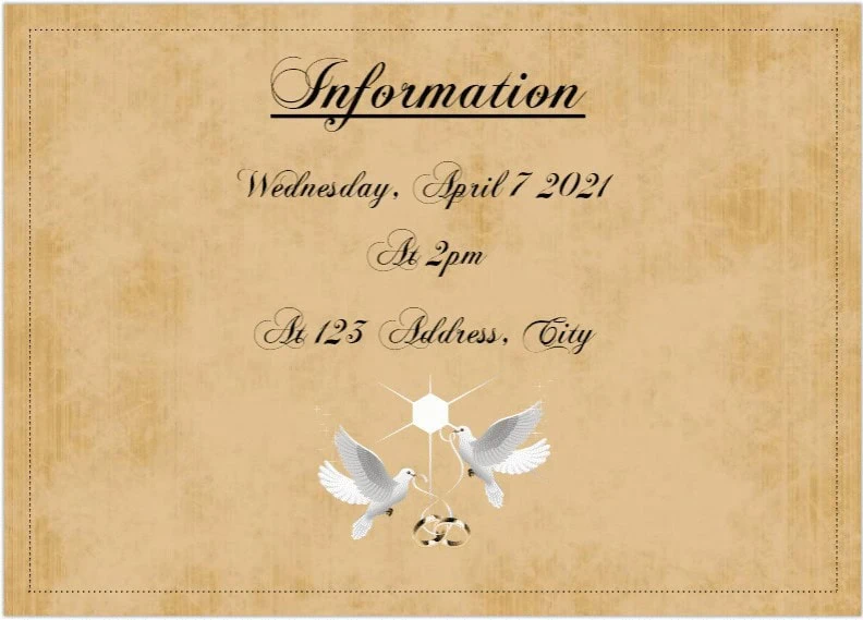 Elegant wedding invitation card with doves and lace design, suitable for special event invitations.
