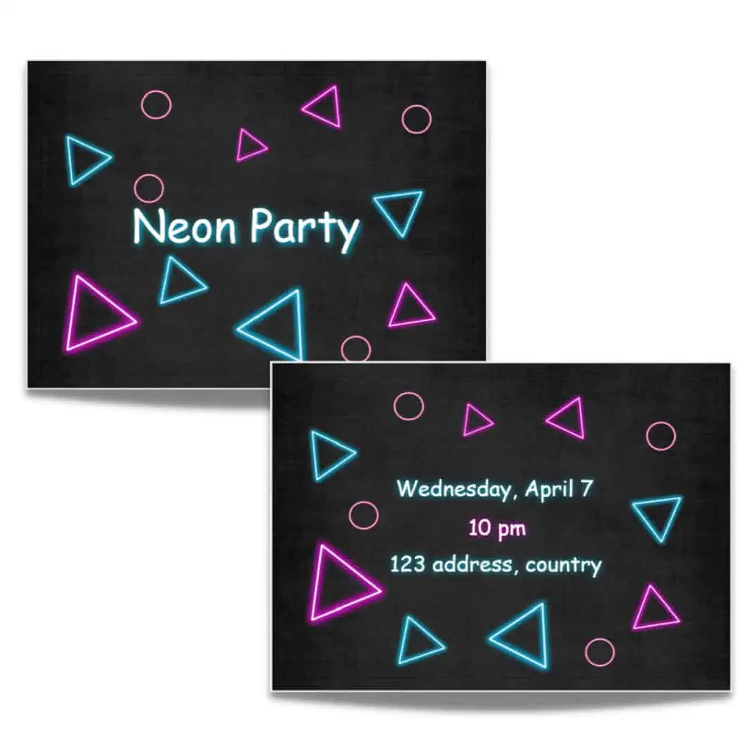 Neon party invitation with colourful triangular and circular neon lights.