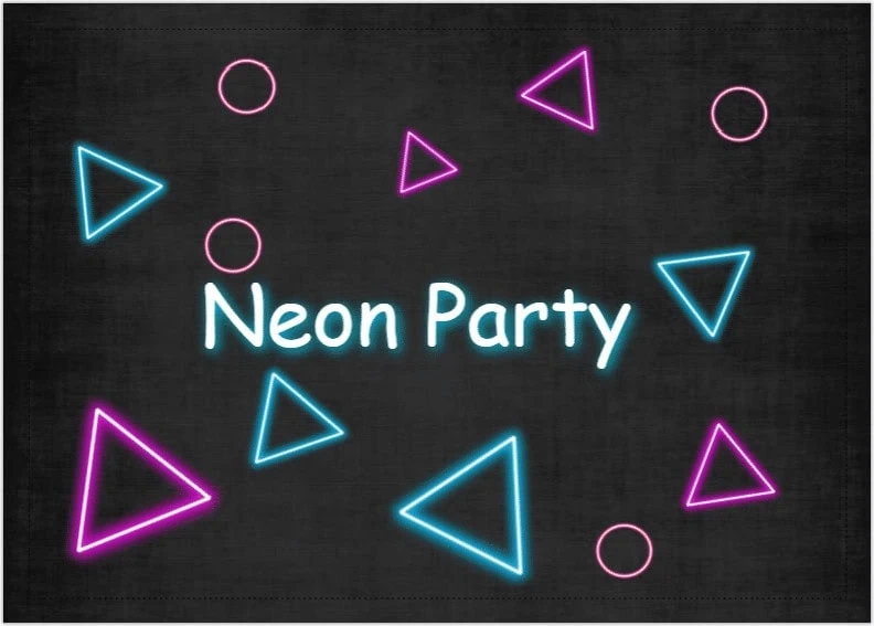 Neon party neon lights with geometric shapes on black background for festive celebration.