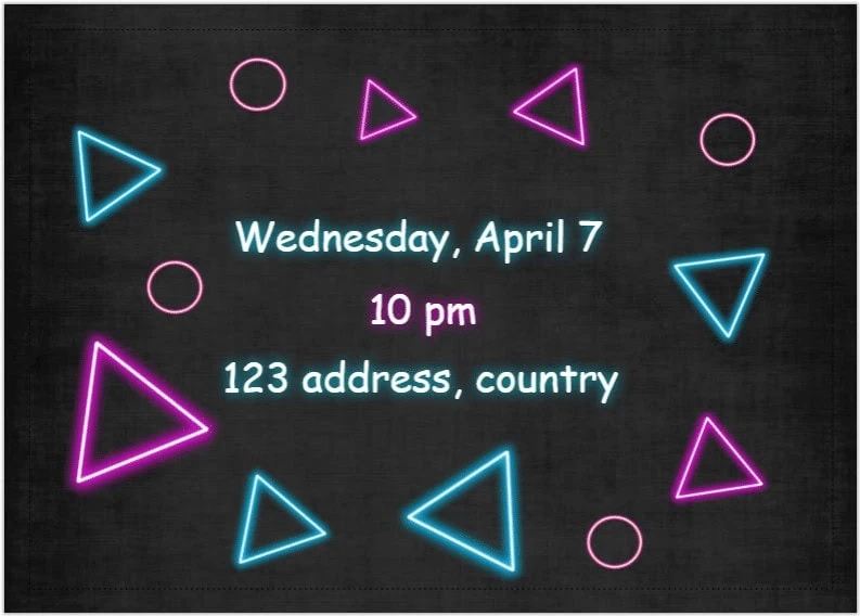 Neon geometric shapes party invitation with date, time, and address, suitable for celebrating events and social gatherings.