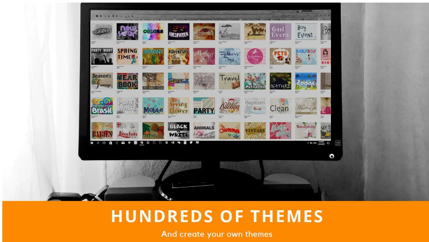 Vibrant digital theme collection showcased on computer monitor for customisable design options.