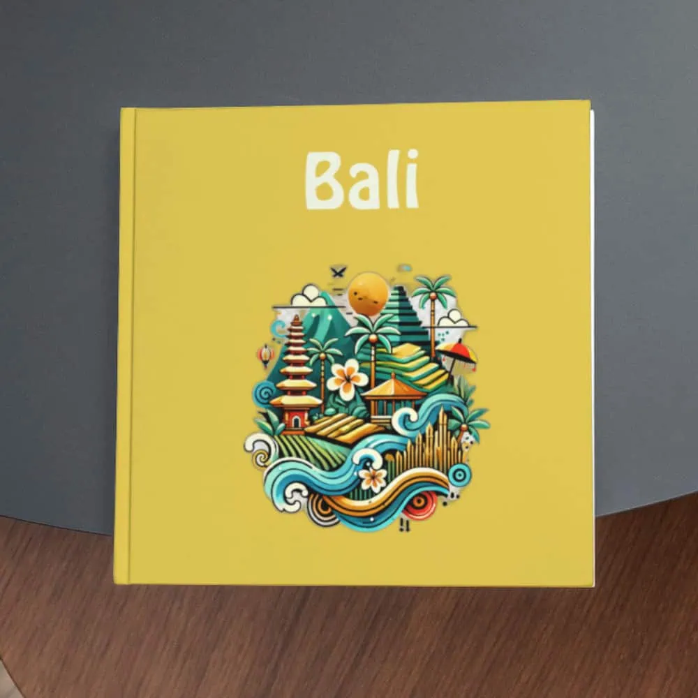 Bright yellow Bali travel guidebook with colourful tropical illustration for holiday planning.