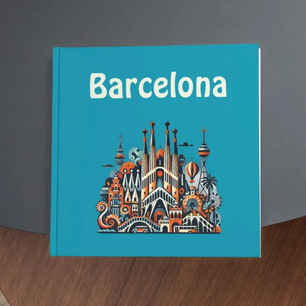 Colourful Barcelona travel guide with iconic landmarks illustration for tourists and travel enthusiasts.