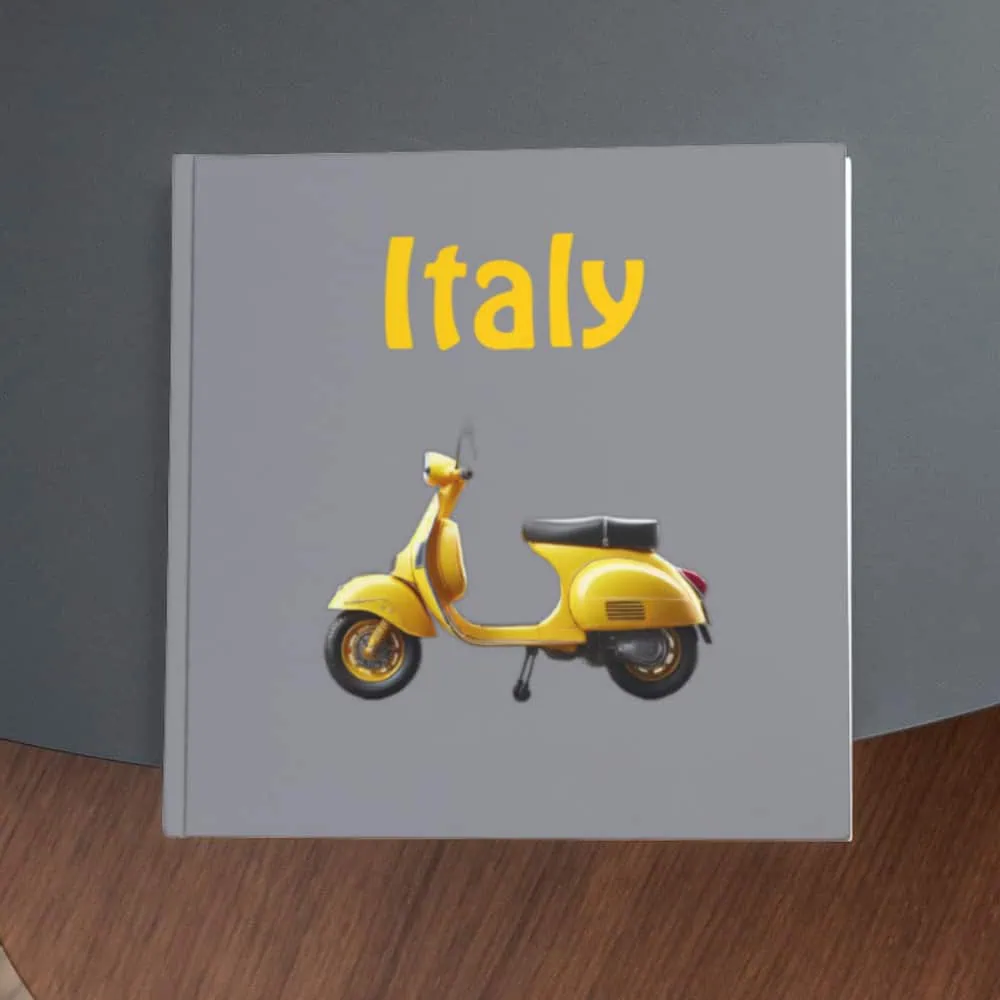 Yellow scooter with Italy text on grey background, travel accessory, Italian culture, vintage transportation image.