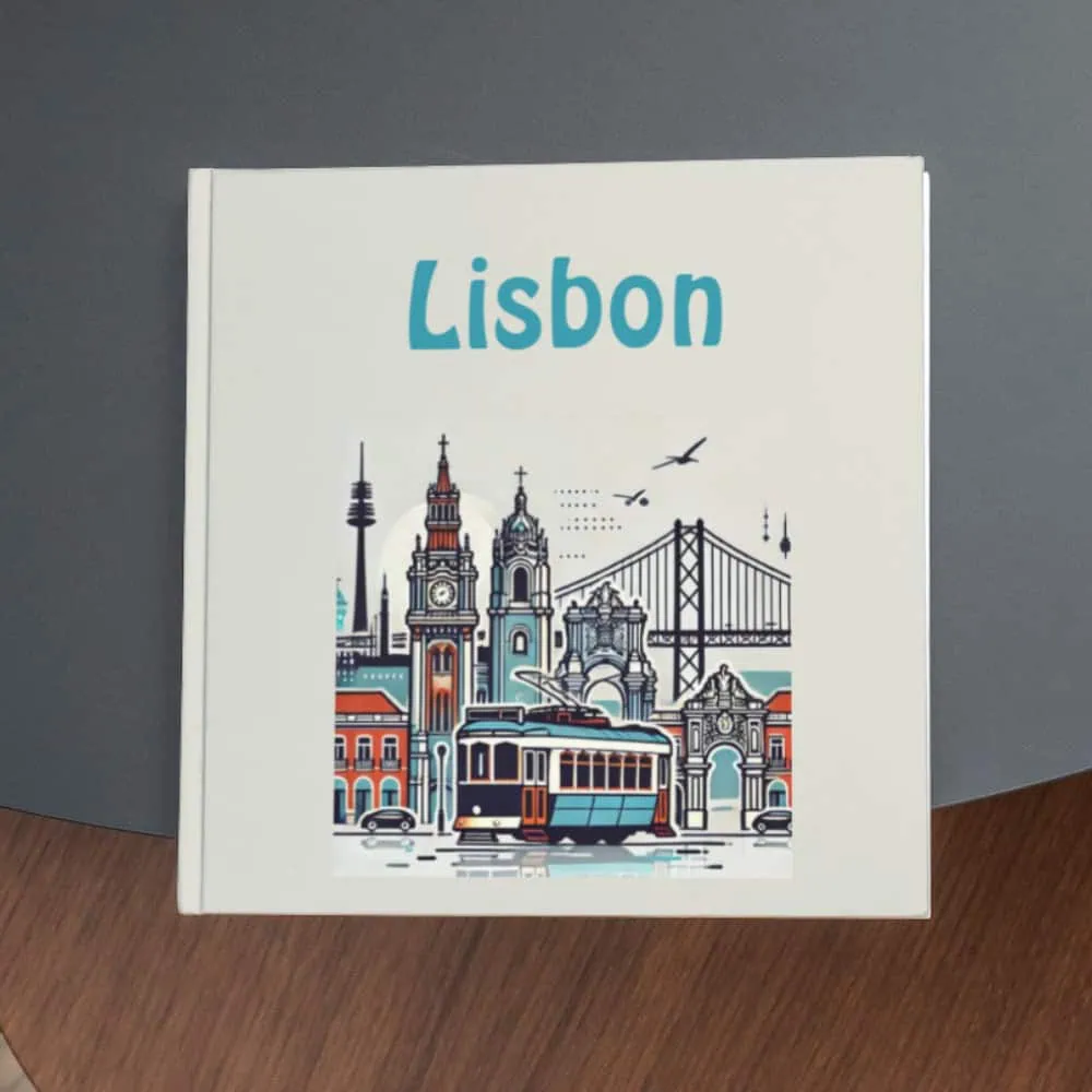 Colourful Lisbon cityscape travel book cover, featuring iconic landmarks and tram, ideal for travel enthusiasts and gift shops.