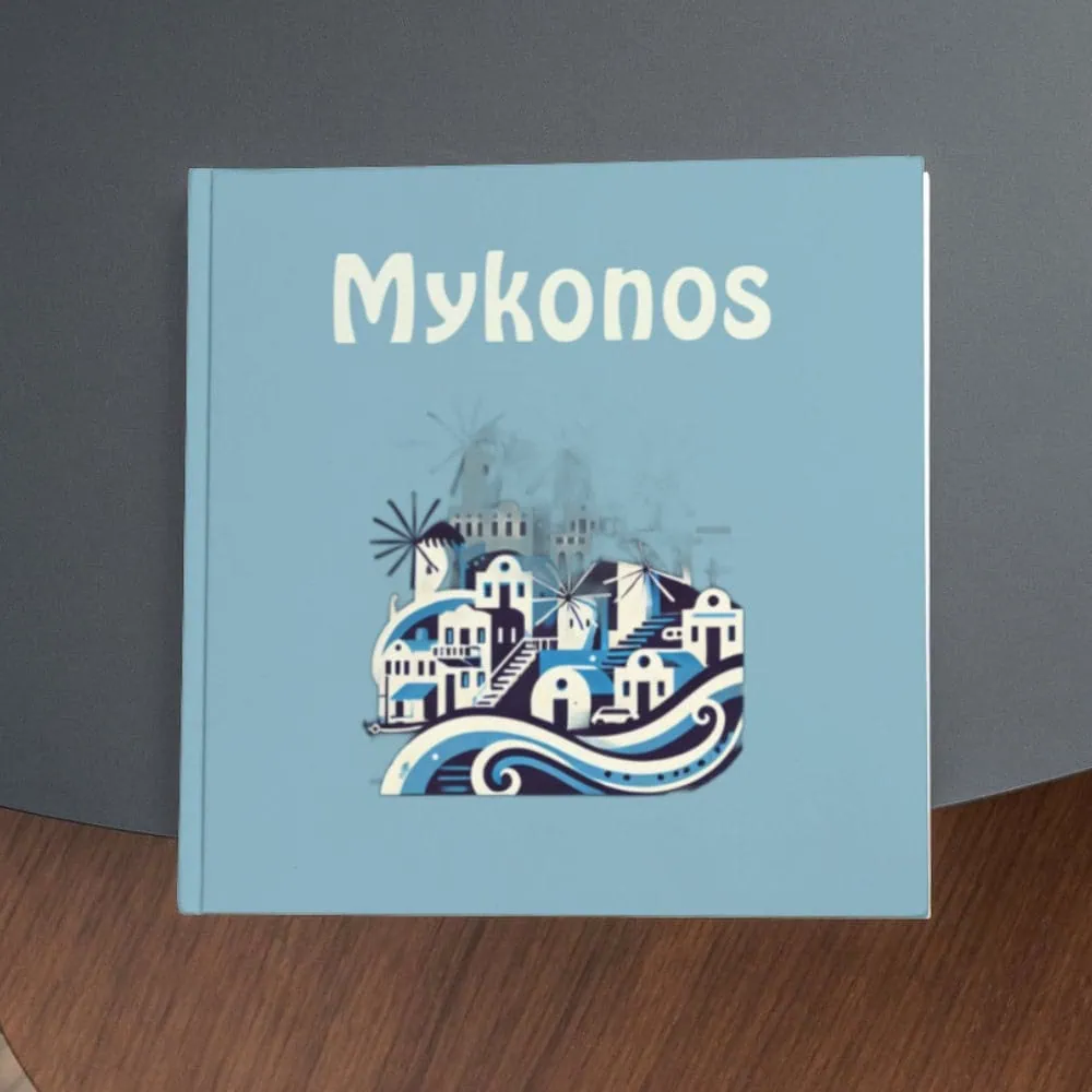 Mykonos travel guide, Greece, island illustration, travel souvenirs, Mediterranean destination, Greek island art, tourist gift, travel memorabilia.
